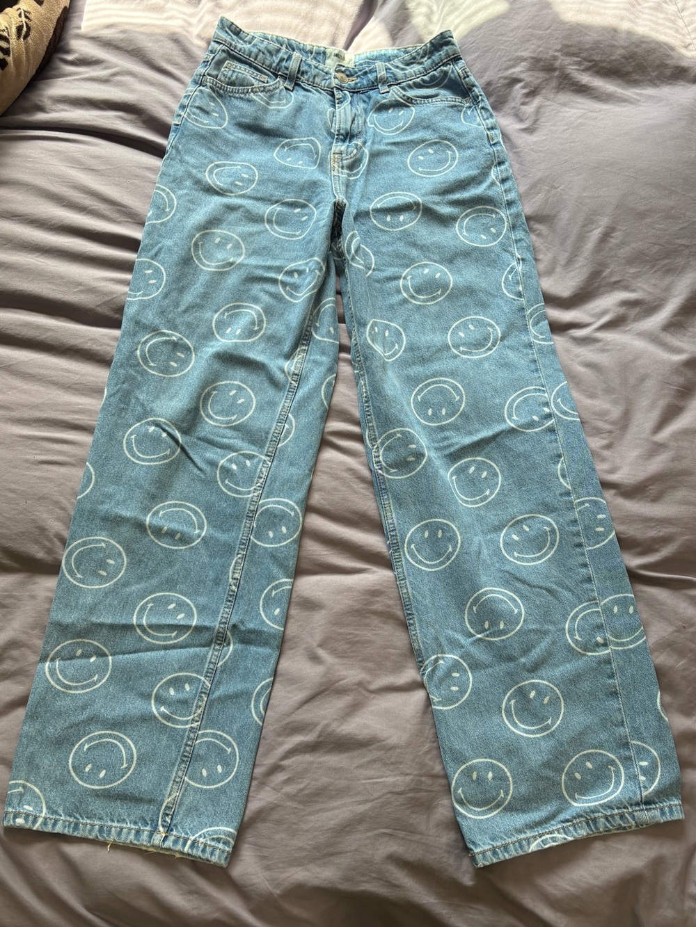 H&M x Smiley Light Blue Denim Wide-Leg Jeans with White Smiley Print